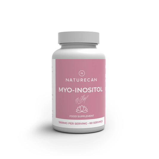 Un frasco blanco del complemento alimenticio Naturecan Myo-Inositol, con una etiqueta rosa y un tapón gris, que aparece sobre un fondo blanco con una sombra suave.